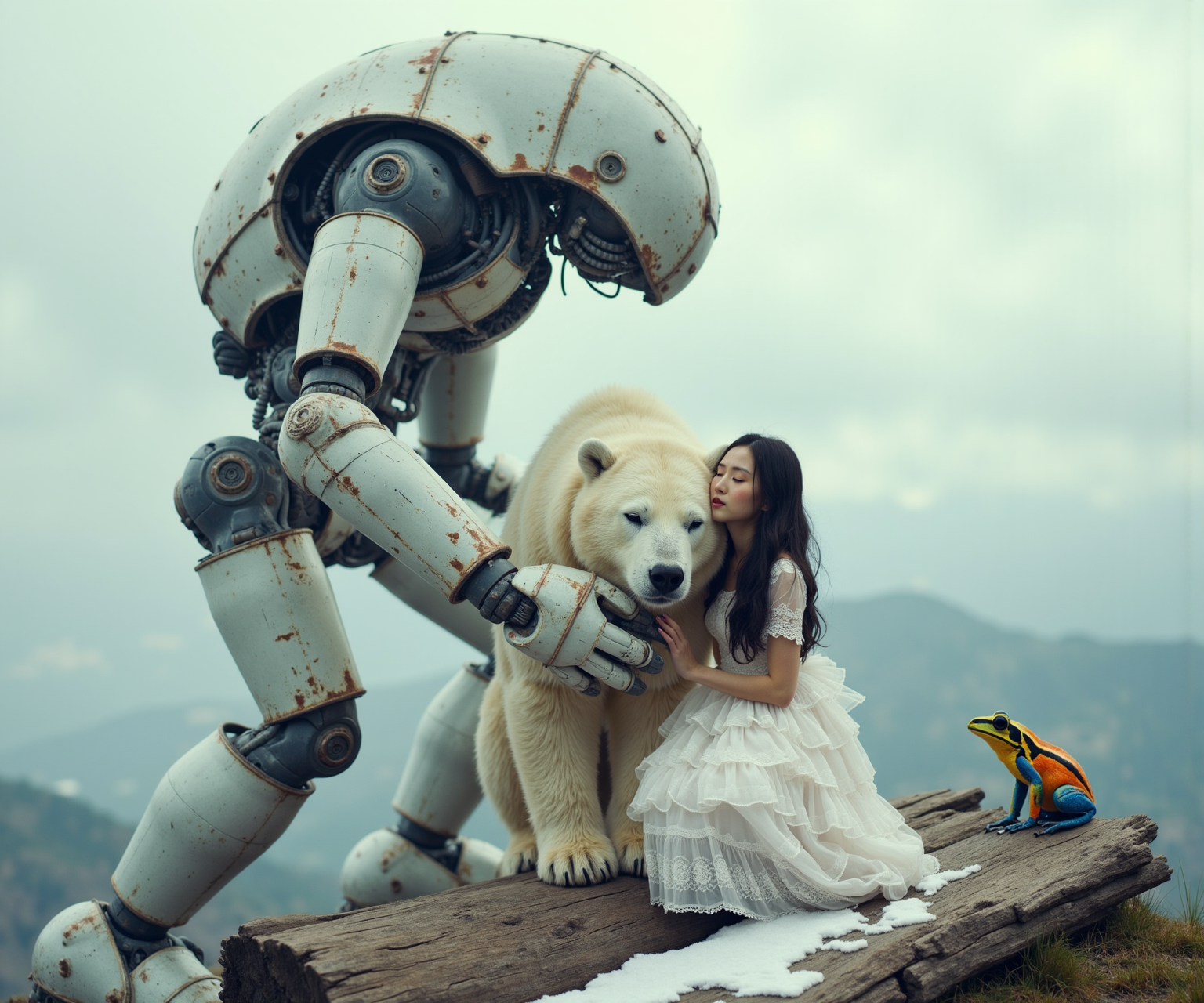 In a surreal and dreamlike setting, a colossal, weathered robot stands majestically on a snow-capped mountain peak, overlooking a vast, misty landscape with rolling hills and distant peaks cloaked in clouds. The robot, resembling a fusion of mechanical and organic elements, is painted in shades of white and gray, with patches of rusty orange, showcasing intricate details like rivets and hydraulic tubes. Beside the robot, a gentle giant polar bear wraps its massive, fluffy arms around a woman of East Asian descent, with long dark hair cascading down in loose waves. She wears an ethereal white dress adorned with ruffles and delicate lace, her peaceful expression reflecting serenity and trust as she leans into the bear’s warm embrace. The scene is rendered in soft, muted colors, highlighting the stark contrast between the machine and the natural beauty surrounding it, evoking a sense of harmony between technology, nature, and humanity. In the foreground, a vividly colorful frog with intricate patterns—blues, oranges, and yellows—sits atop a piece of weathered wood, its large, round eyes shining brightly. This enchanting scene combines elements of fantasy and realism, capturing an extraordinary moment of connection and coexistence amidst a breathtaking wilderness backdrop, with soft, diffused light enhancing the ethereal quality of the composition.