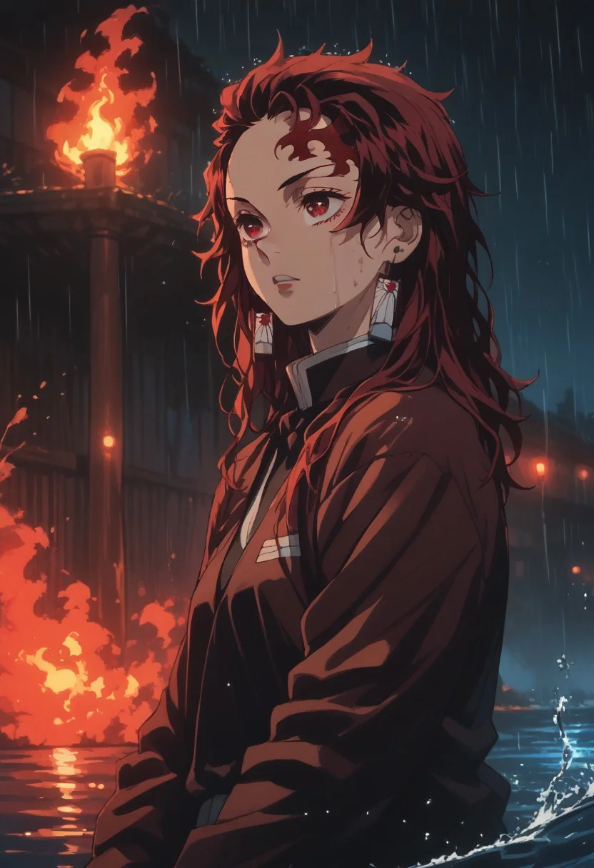 score_9, score_8_up, score_7_up, source_anime, rating_safe, fire and water, raining, kamado tanjirou, (red_Tanjiro_medium hair), red-white_Tanjiro_eyes, whte-red_Tanjiro_earrings, red_Tanji_scar on forehead, 1boy, male focus, fighting stance, stylized_Tanjiro_water, stylized_Tanjiro_fire, cropped legs, blurry outdoor village, blue AND red theme, flat color, dark theme, sinozick style