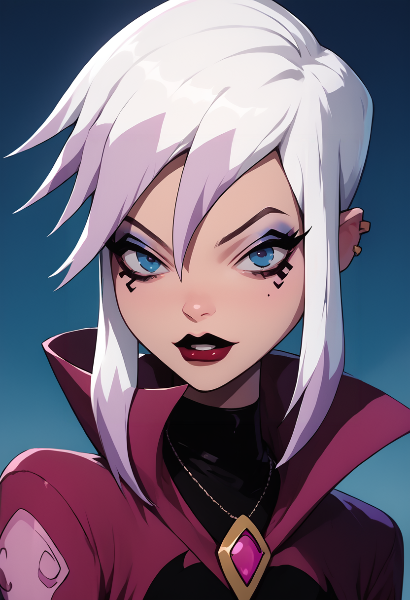 charmcaster, white hair, two-tone hair, makeup, dress,  <lora:Charm-08:1>