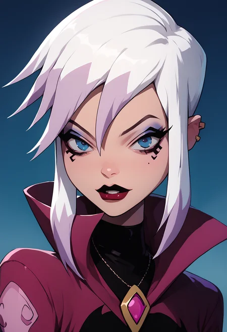 charmcaster, white hair, two-tone hair, makeup, dress,  <lora:Charm-08:1>