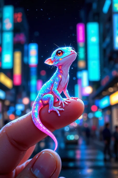 A tiny alien gecko with translucent, crystalline skin that refracts light into dazzling rainbow colors. It has six delicate limbs, two of which are curled in a cute resting position. Its tail has a jelly-like glow, shifting in hues of cyan and fuchsia. It clings lightly to the personâs fingertip, looking up with bright, intelligent eyes. The background is a blurred futuristic cityscape, filled with neon holograms and colorful bokeh lights.