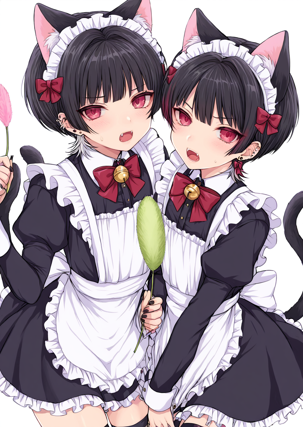 <lora:ShimizuAkina250126:1>,ShimizuAkina,animal ears,cat ears,tail,maid,cat tail,black nails,black hair,male focus,looking at viewer,apron,otoko no ko,maid apron,bell,multiple boys,crossdressing,2boys,multicolored hair,bowtie,red bow,thighhighs,bow,ear piercing,red eyes,open mouth,cat boy,piercing,white apron,long sleeves,fangs,frills,red bowtie,pov,earrings,cat teaser,maid headdress,short hair,dress,animal ear fluff,fake animal ears,jingle bell,jewelry,black dress,<lora:NOOB_vp1_detailer_by_volnovik_v1:1>,<lora:noobai_ep11_stabilizer_v0.138_fp16:1>,