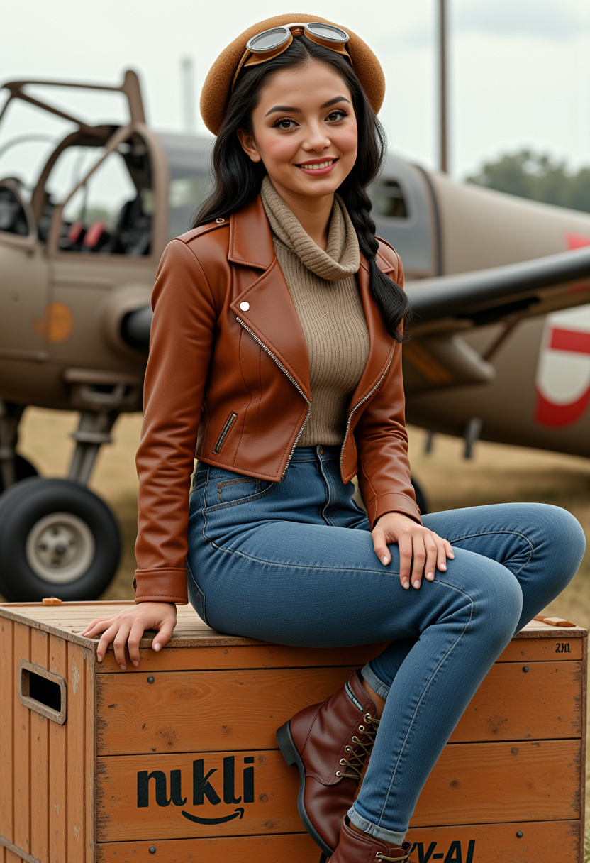 She is approximately 18 years old.she is standing, a vintage aircraft is in the background.  Hyperrealism, she is looking at the camera, (dynamic angles), headshots of a beautiful, stunning unique female character.  she has dark hair. her eyes are filled with joy and excitement, extravagant eyelashes, a photo of AGDV2_nokrea, a woman with brown eyes, wearing a brown leather jacket and a brown hat with goggles and denim blue jeans and brown boots. is posing on a large wooden crate. She is posing for the camera, while sitting on a large crate.  On the crate is written "fly with CivitAI".  She is wearing a scarf and has a braid. The photo is in a sepia tone, giving it a vintage feel. The background is blurry, focusing on AGDV2_nokrea as the main subject. She has a slight smile on her face and is looking directly at the camera. making this image a masterpiece of photography and digital art. realistic. making this image a masterpiece of photography and digital art. Style: realistic hyper-detailed rendering, 32k UHD, expressive eyes, punk, graphic design, girl's face, pretty and cute, gleaming lips, telling a tale of adventure. Exuding confidence and serenity. The overall mood of the image is happy and relaxed,detailed skin texture,(blush:0.2),(goosebumps:0.3),subsurface scattering,whimsical,Detailed hand, Perfect hand. Perfection style. The scene is set outdoors, with a vintage plane visible in the background. The photo is taken in a close-up shot, focusing on  AGDV2_nokrea legs and feet.