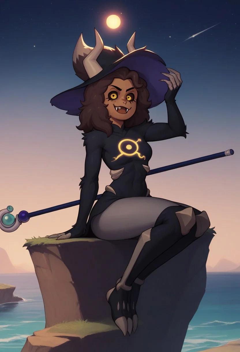 score_9, score_8_up,score_7_up, (high-contrast, cel shading), solo,,
(LuzTitan, yellow eyes, brown skin, black sclera, horns, fangs, fur covered body, witch hat, staff, leggings, ),
Sitting on a cliff overlooking a ocean, starry sky,