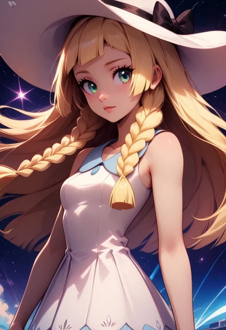 score_9, score_8_up, score_8, medium breasts, (curvy), cute, eyelashes,  rating_safe,
BREAK, 
zzlillie, long hair, braid, sun hat, white headwear, collarbone, sleeveless dress, white dress,
BREAK, 
dynamic angle, stars, floating, colorful, pink, blue eyes, black bow, from side, on back, spaceship, technological,
zPDXL,