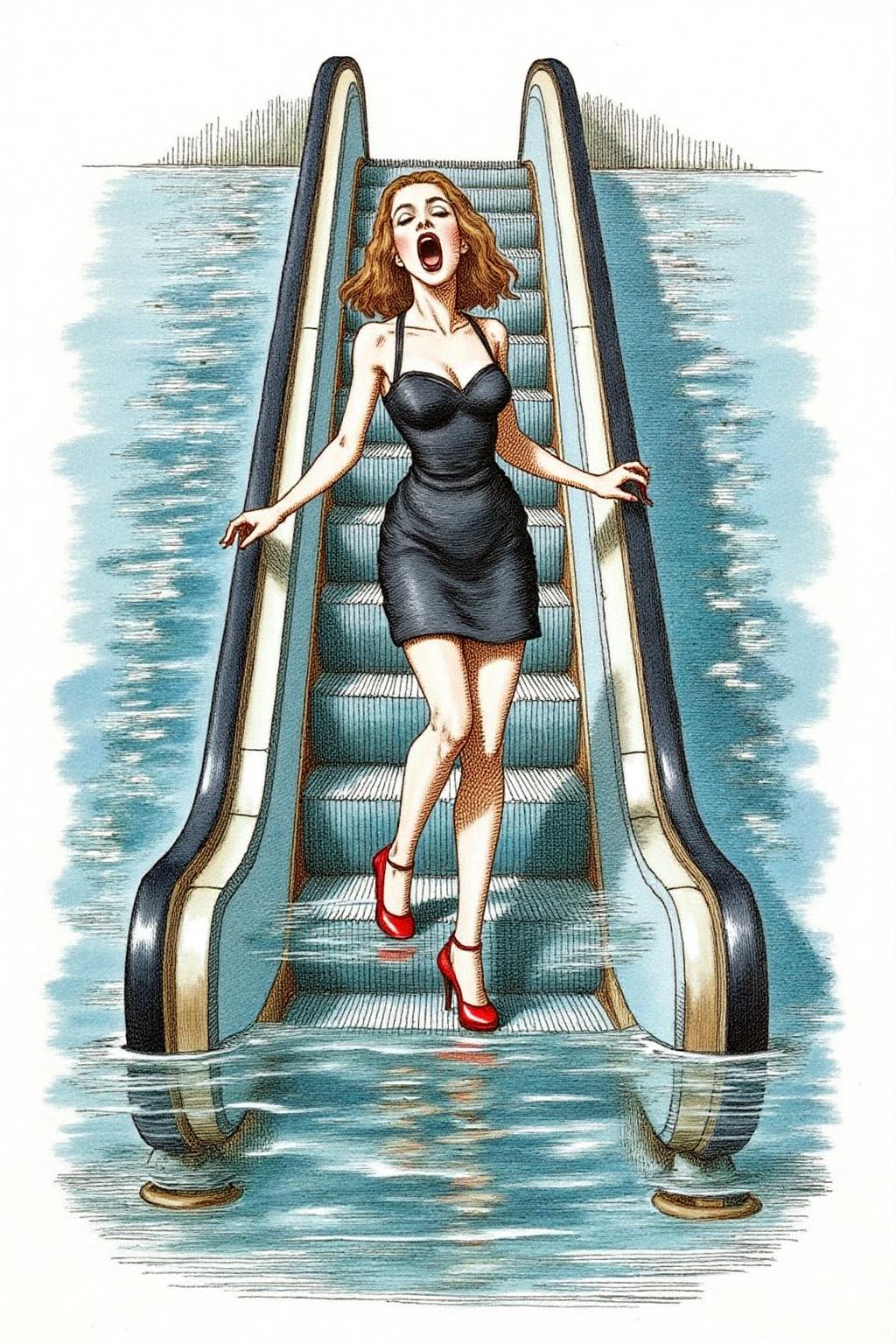 joten1 illustration.
a woman in a chic little black dress and vibrant red high heels, gracefully descending an escalator. She wears black lipstick and is screaming. Her attire exudes elegance and sophistication, with the red heels providing a bold pop of color against the classic black dress. The escalator itself, typically found in a mall or airport, leads downwards into an unexpected and dreamlike destinationâ -- pool of rippling water. The water is blue and ripples as the escalator's steps disappear beneath the surface. The woman's posture is poised and confident, as she seems unperturbed by the unusual surroundings. The overall atmosphere is a blend of high fashion and surreal fantasy, capturing a moment that is both elegant and otherworldly, <lora:joten1_cap_d6a3e12:1.0><lora:821786449855698429:0>