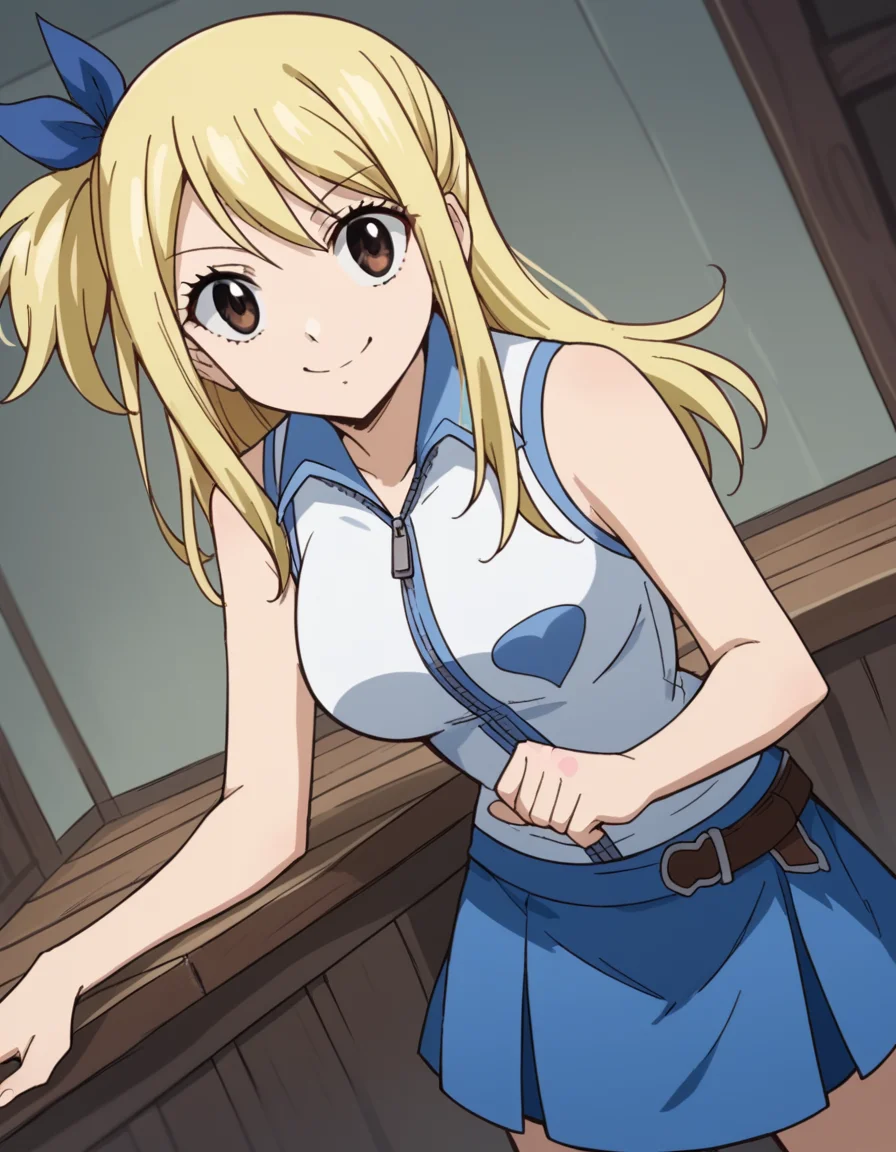 score_9, score_8_up, score_7_up, source_anime,
lucyheartfilia, <lora:lucy-heartfilia-s7-ponyxl-lora-nochekaiser:1>,
lucy heartfilia, blonde hair, brown eyes, long hair,
one side up, ribbon, hair ribbon, blue ribbon, skirt, shirt, bare shoulders, boots, sleeveless, blue skirt, sleeveless shirt, white shirt, zipper,
indoors, bent over, smile,
looking at viewer, cowboy shot, solo, dutch angle,