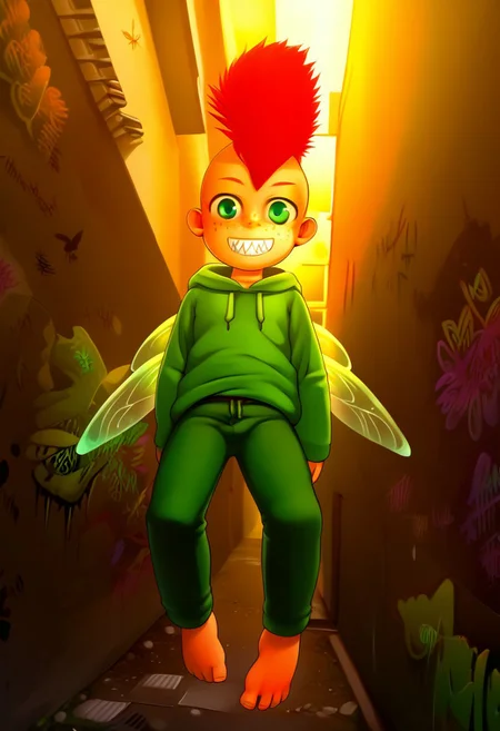 score_9, score_8_up, score_7_up, detailed eyes, source_cartoon, manga_source, BREAK
petite, young, solo, child, fairy, butterfly wings, (floating:1.5), flying,anime style,
type-h, solo, looking at viewer, sharp teeth, toothy grin, short hair, long sleeves, 1boy, freckles, green eyes, (mohawk:1.5), red hair, male focus, outdoors, alley, (graffiti on walls:1.5), hood, window, hoodie, from below, sunlight, thick eyebrows, spiked hair, lens flare, green hoodie, shorts, croptop, crop top, belly exposed, navel exposed, feet outstretched,