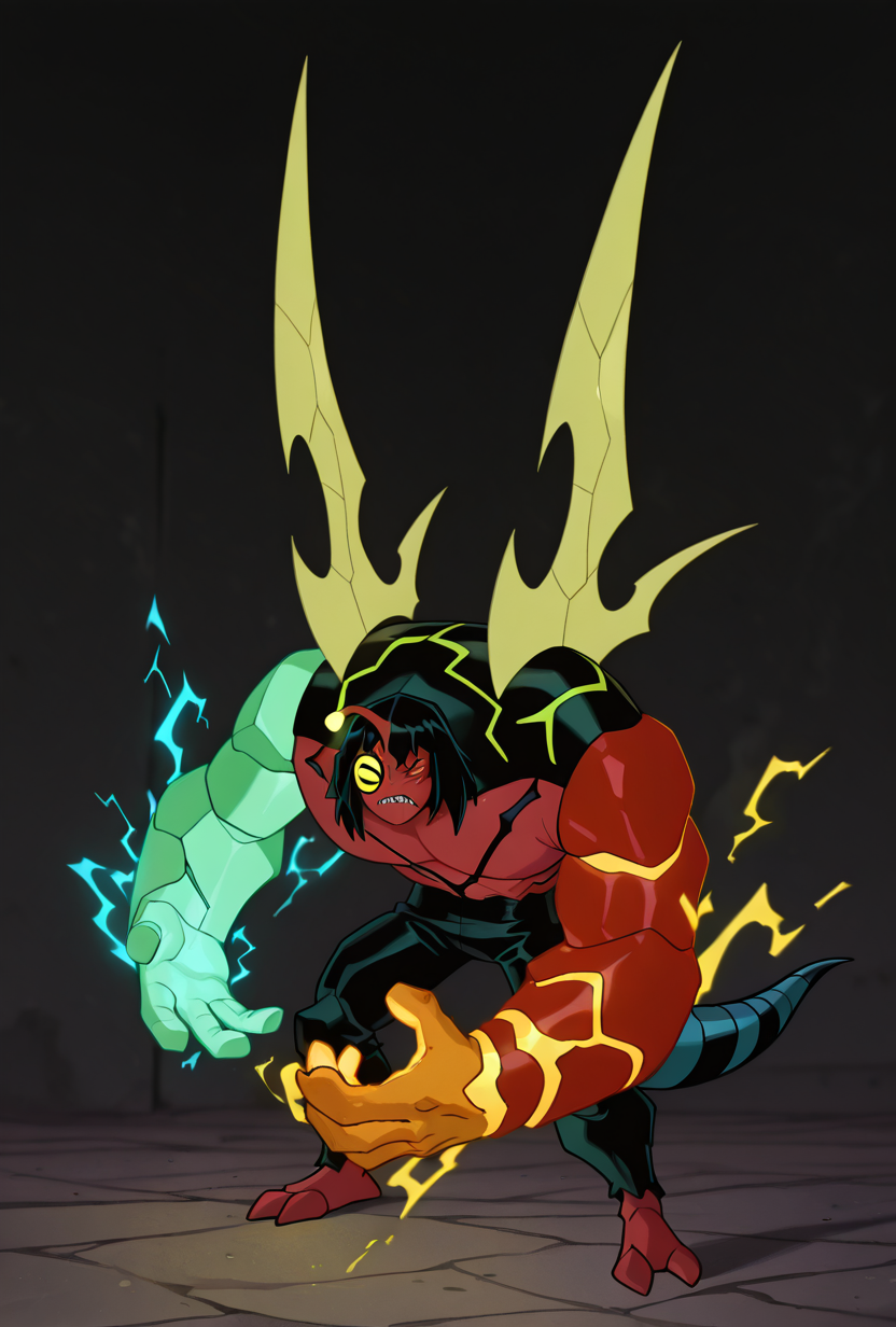 <lora:kev11-05:1> kevin11, solo, male focus, yellow eyes, black hair, red skin, horn, sharp teeth, lime wings, blue tail, 4arms, top hands left green arm, top hands right magma red arm with yellow cracks, bottom hands orange arms, 2 orange arms, big arms,  dynamic pose, <lora:Crackling_Energy:1> cr4ckl3, geen electricity, yellow electricity, blue electricity, masterpiece, best quality, amazing quality, very aesthetic, absurdres, newest,