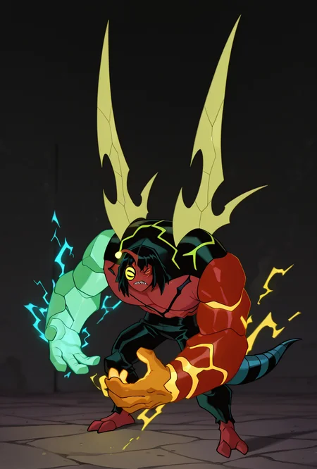 <lora:kev11-05:1> kevin11, solo, male focus, yellow eyes, black hair, red skin, horn, sharp teeth, lime wings, blue tail, 4arms, top hands left green arm, top hands right magma red arm with yellow cracks, bottom hands orange arms, 2 orange arms, big arms, dynamic pose, <lora:Crackling_Energy:1> cr4ckl3, geen electricity, yellow electricity, blue electricity, masterpiece, best quality, amazing quality, very aesthetic, absurdres, newest,