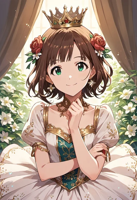 score_9, score_8_up, score_7_up, source_anime,amami haruka, short hair, brown hair, green eyes, 1girl, smile, flower, dress, crown, solo, hair ornament, earrings, hair flower, jewelry, looking at viewer, ribbon