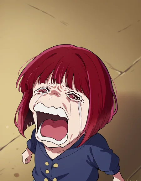 score_9, score_8_up, score_7_up, source_anime, kanaarima, <lora:kana-arima-s1-ponyxl-lora-nochekaiser:1>, kana arima, short hair, bangs, red eyes, red hair, bob cut,, <lora:chopper-crying-ponyxl-lora-nochekaiser:1> chopper crying, chopper crying (meme), meme, wavy eyes, crying, tears, teeth, open mouth, tongue,, ,