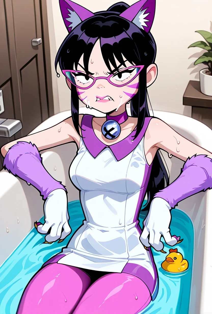 <lora:nyancychan-10:1> nyancychan, black hair, 1girl, long hair, cat ears, purple glasses,  claws, gloves, neck bell, purple choker, whisker markings, ponytail, pink pants, short dress, sleeveless, sharp canines, pink lipstick, expressive, facial expression,(( cartoon, screencap)), in bathtub, angry, foreground blur, rubber ducky, angry, wet hair, dripping, mad,, masterpiece, best quality, amazing quality, very aesthetic, absurdres, newest,