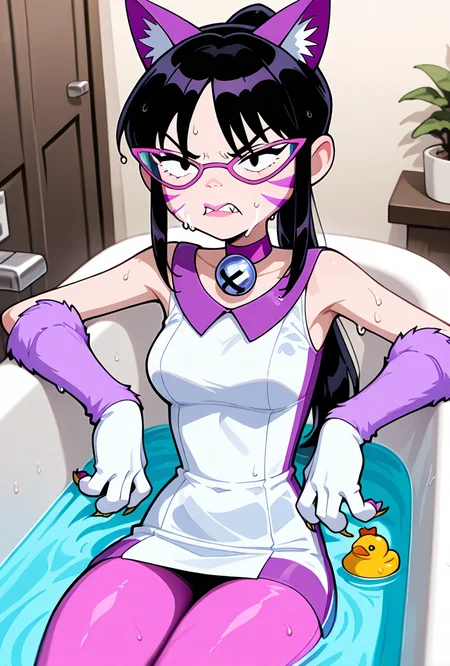 <lora:nyancychan-10:1> nyancychan, black hair, 1girl, long hair, cat ears, purple glasses,  claws, gloves, neck bell, purple choker, whisker markings, ponytail, pink pants, short dress, sleeveless, sharp canines, pink lipstick, expressive, facial expression,(( cartoon, screencap)), in bathtub, angry, foreground blur, rubber ducky, angry, wet hair, dripping, mad,, masterpiece, best quality, amazing quality, very aesthetic, absurdres, newest,