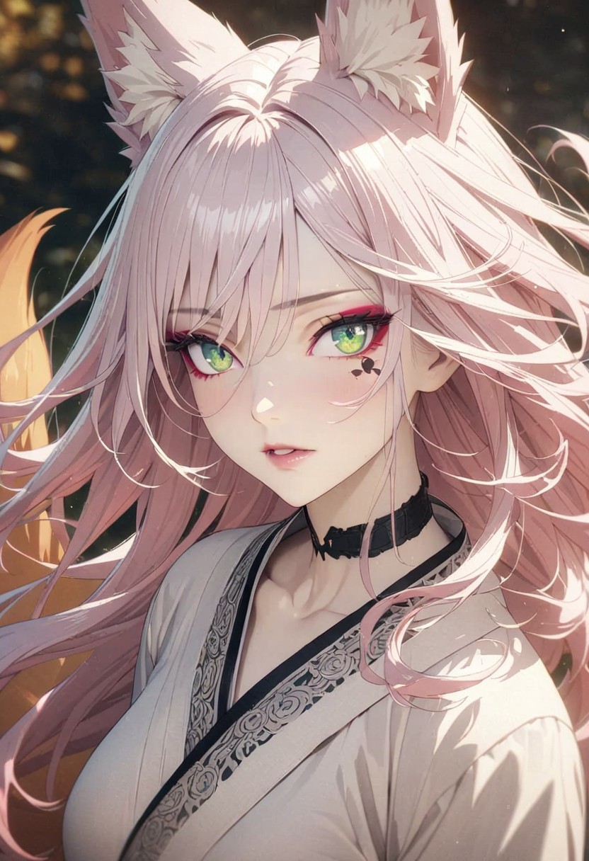1woman, solo,  long hair, pink hair, black choker, green eyes, eyeliner, gorgeous lips, cinematic, (masterpiece), (best quality), (ultra-detailed), very aesthetic, illustration, perfect composition, intricate details, absurdres, detailed face, (anime, masterpiece, intricate:1.3), (best quality, hires textures, high detail:1.2), (4k),(incredibly detailed:1.4) 
detailed skin, eyeshadow, fox tail, fox ears, no bra,  pale skin, white kimono, beautiful eyes, detailed eyes, sparkling eye, full body