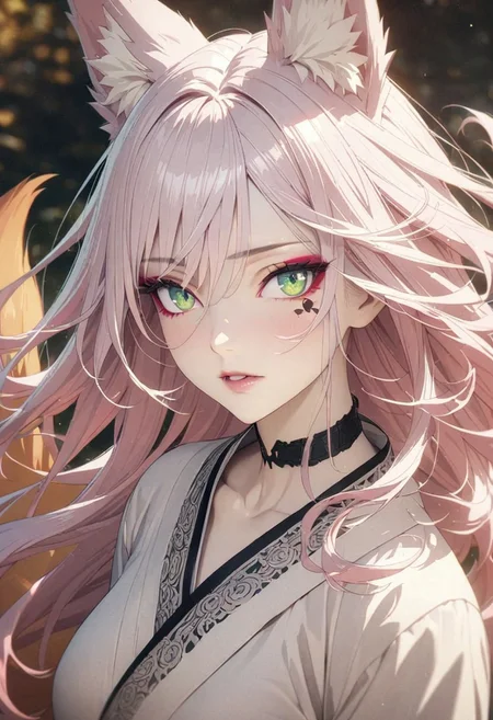 1woman, solo, long hair, pink hair, black choker, green eyes, eyeliner, gorgeous lips, cinematic, (masterpiece), (best quality), (ultra-detailed), very aesthetic, illustration, perfect composition, intricate details, absurdres, detailed face, (anime, masterpiece, intricate:1.3), (best quality, hires textures, high detail:1.2), (4k),(incredibly detailed:1.4)
detailed skin, eyeshadow, fox tail, fox ears, no bra, pale skin, white kimono, beautiful eyes, detailed eyes, sparkling eye, full body