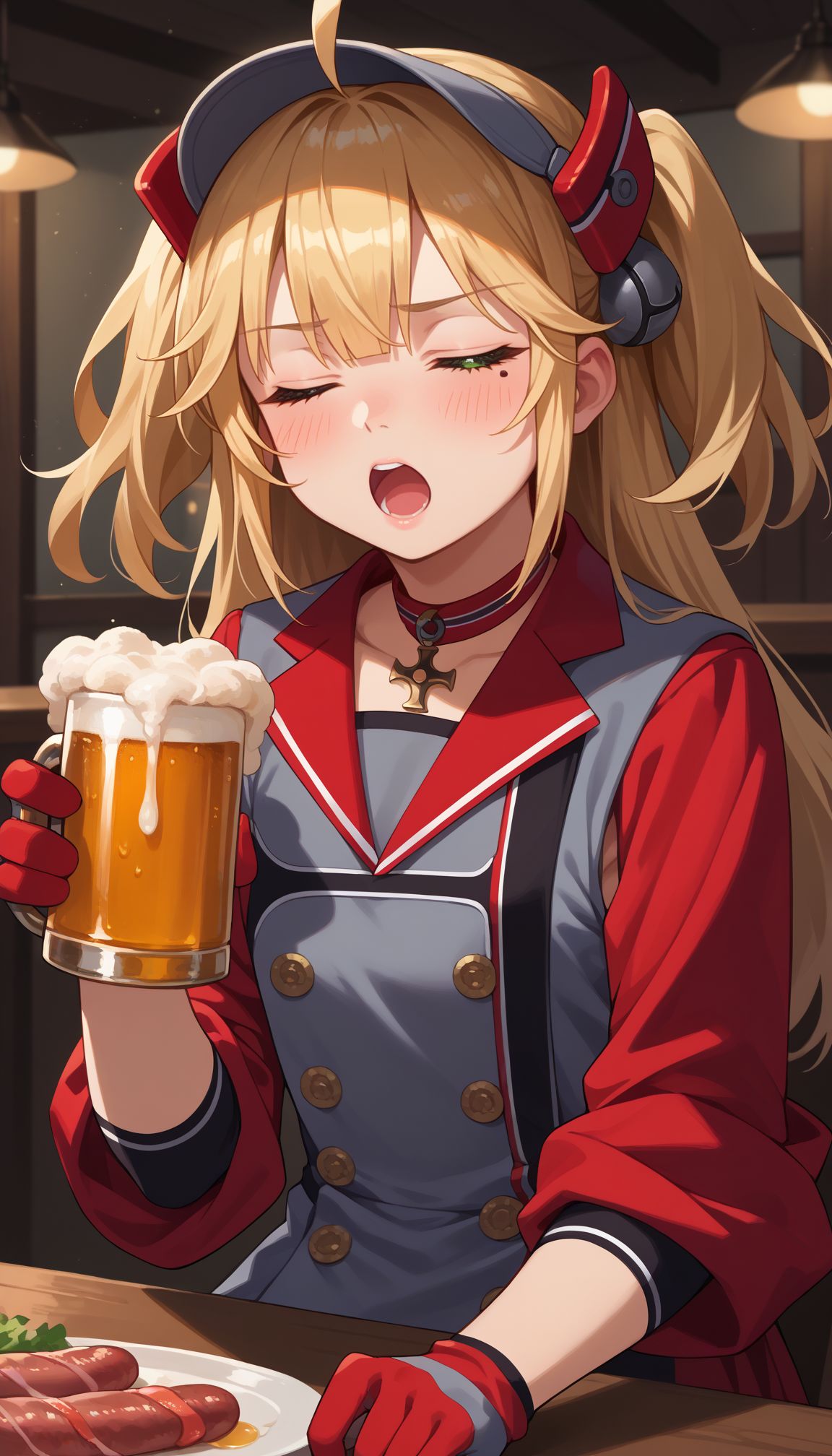score_9, score_8_up, score_7_up, source_anime,
 <lora:Admiral Hipper:1> azhipper, blonde hair, two side up, hair between eyes, ahoge, bangs, green eyes, long hair, mole under eye, sit, upper body,
, visor cap, grey uniform dress, double-breasted, red sleeves, sleeves rolled up, black sleeves under outer sleeves, armpit cutout, buttons, cross chocker, gloves, two-tone gloves, red skirt, black thighhighs
 beer mug, , sausage, alcohol, food, holding cup, open mouth, , one eye closed, , blush, looking at viewer, , closed eyes, collarbone, small breasts, indoors, , meat, , :d, table, , blunt bangs, drunk,