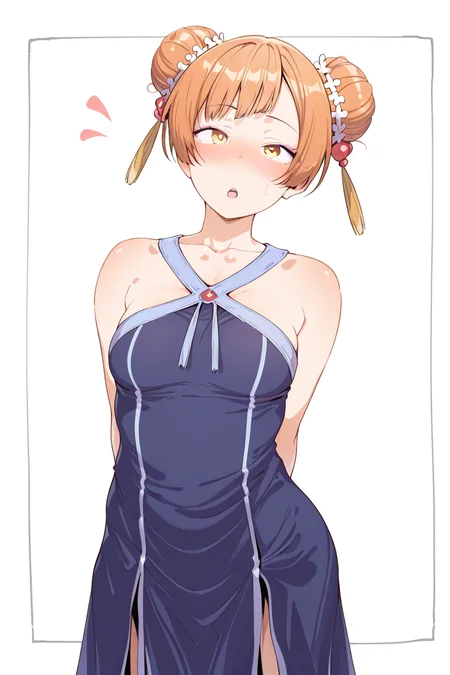 masterpiece, best quality, amazing quality,
 <lora:Eito_IL:1> eito, 1girl, solo, hair bun, double bun, dress, blush, white background, simple background, looking at viewer, blue dress, open mouth, breasts, orange hair, arms behind back, bare shoulders, collarbone, hair ornament