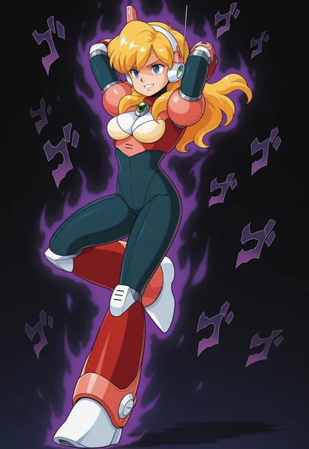 masterpiece, best quality, 1girl, solo, al1a, blonde hair, blue eyes, android, breasts, robot ears, long hair, bodysuit, 1980s \(style\), anime screenshot, evil grin, menacing, evil aura, dark background, full body, standing, hands behind head, one leg up, dynamic pose