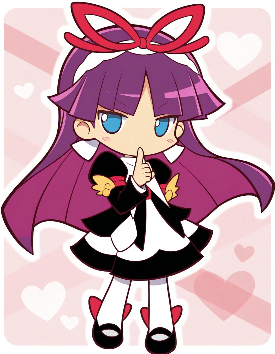 <lora:PFeli_SDXL_Illustrious01_fp16_ver01:1>,PFeli, 1girl, long hair,purple hair, pantyhose, dress,red ribbon, blue eyes, black footwear,long sleeves, red bow,hairband, doyagao,official style,shushing,chibi,, masterpiece, best quality, very aesthetic, absurdres,<lora:detailed_hands:1>,hand