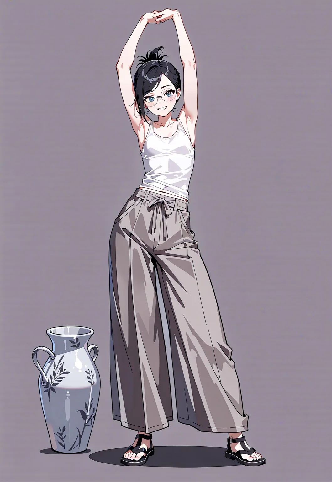 lazypos, 1girl, small breasts, black hair, folded ponytail, gray eyes, glasses, swept bangs, (purple eyeshadow:0.5), contrapposto, sandals, wide pants, white tank top, stretching, arms above head, grin