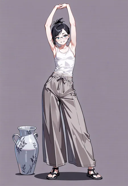 lazypos, 1girl, small breasts, black hair, folded ponytail, gray eyes, glasses, swept bangs, (purple eyeshadow:0.5), contrapposto, sandals, wide pants, white tank top, stretching, arms above head, grin