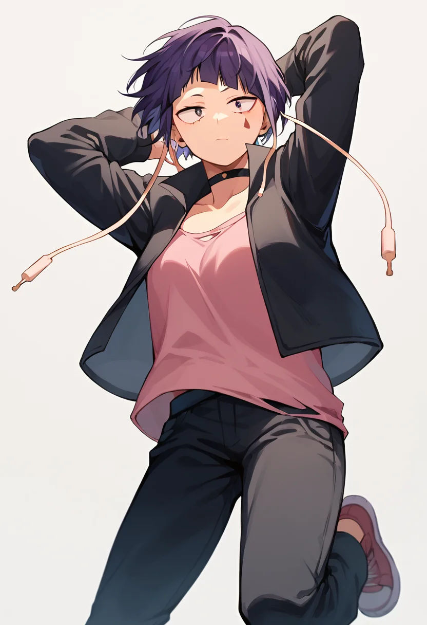 <lora:KyokaJirouPony-10:1>KyokaJirouPony, jirou kyouka, short hair, purple hair, blunt bangs, purple eyes, 1girl, solo, open jacket, black jacket, black choker, facial mark, black pants, pink shirt, long earlobes, Jumping with arms raised,, score_9, score_8_up, score_7_up, score_6_up, score_5_up, score_4_up,