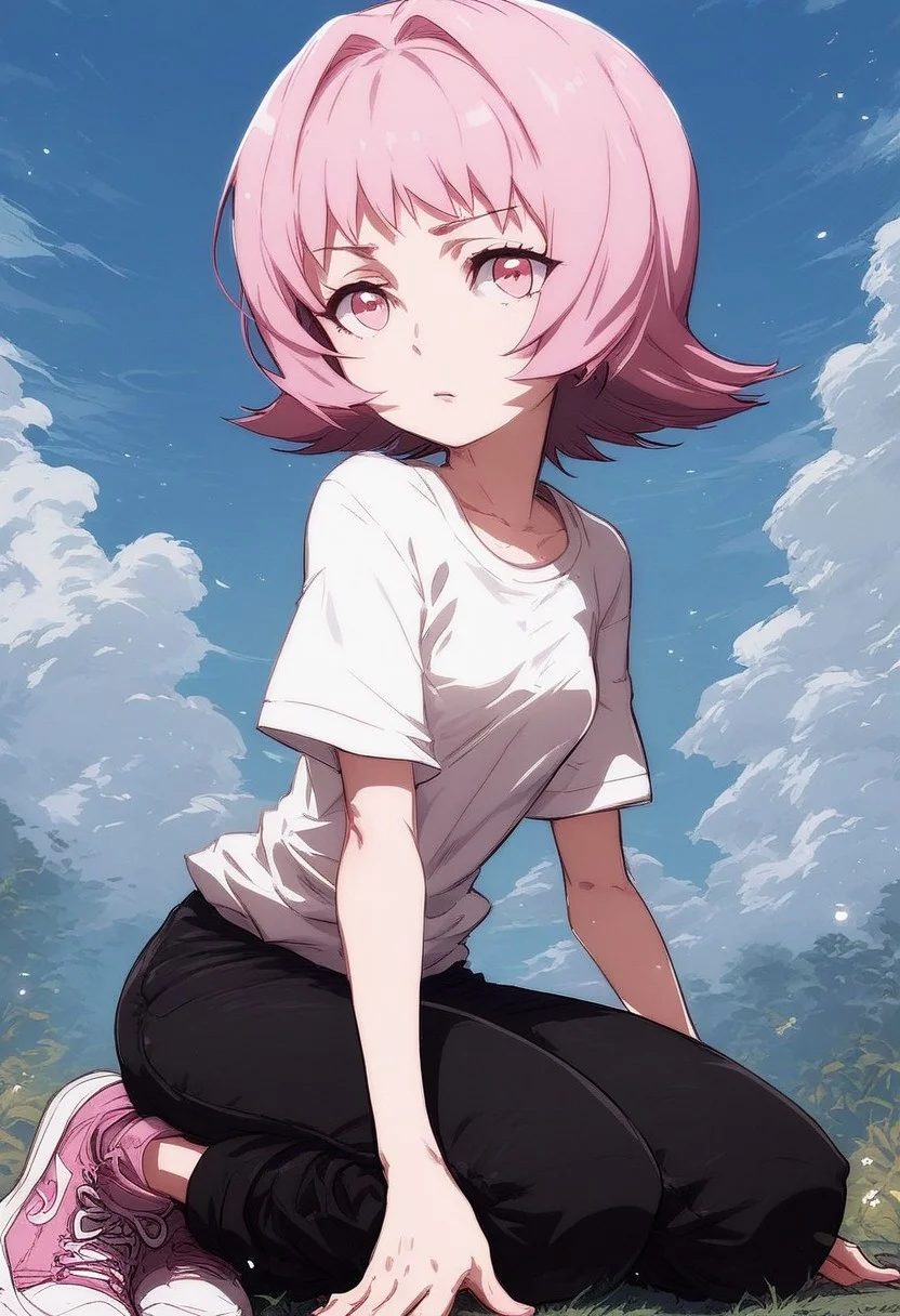 ,score_9, score_8_up, score_7_up, score_6_up, score_5_up,(solo:1.9),1girl, 
BREAK
Tamao Tamamura , pink hair, pink eyes, short hair, (small breasts),white shirt,short sleeves,black pants, pink sneakers,on knees, 
BREAK
Prades blue sky