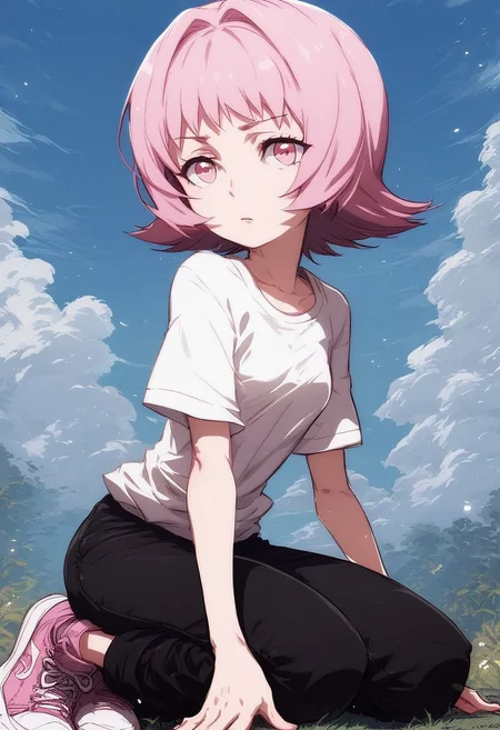 ,score_9, score_8_up, score_7_up, score_6_up, score_5_up,(solo:1.9),1girl,
BREAK
Tamao Tamamura , pink hair, pink eyes, short hair, (small breasts),white shirt,short sleeves,black pants, pink sneakers,on knees,
BREAK
Prades blue sky