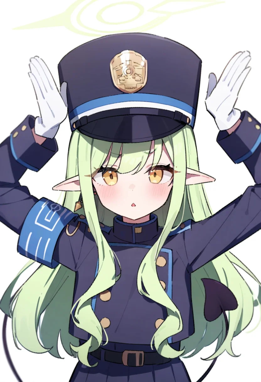 1girl, hikari \(blue archive\), blue archive, peaked cap, green hair, long hair, yellow eyes, pointy ears, white gloves, demon tail, blue armband, blue uniform, upper body, straight-on, arms up, white background, :(, single earring, <lora:HikariBArank64:1>, masterpiece, best quality, very aesthetic, absurdres