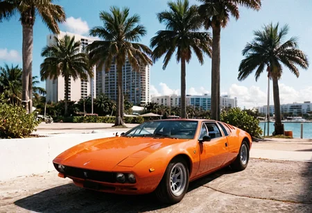 ClassicSportsCar MiamiVice, gleaming orange DeTomaso Mangusta, palm trees, seaside, cityscape, 4K, highly detailed, (((stylish grainy analog 35mm film photo)))