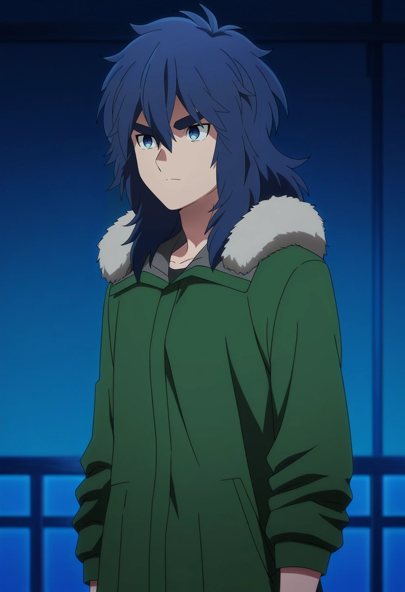 masterpiece, best quality, anime screencap, official style, anime coloring, cowboy shot, 1boy, solo, male focus, <lora:yui_kemono_jihen_ilxl:0.94>, yui_kemono_jihen, blue hair, blue eyes, long hair, hair between eyes, bangs, thick eyebrows, green coat, fur trim,