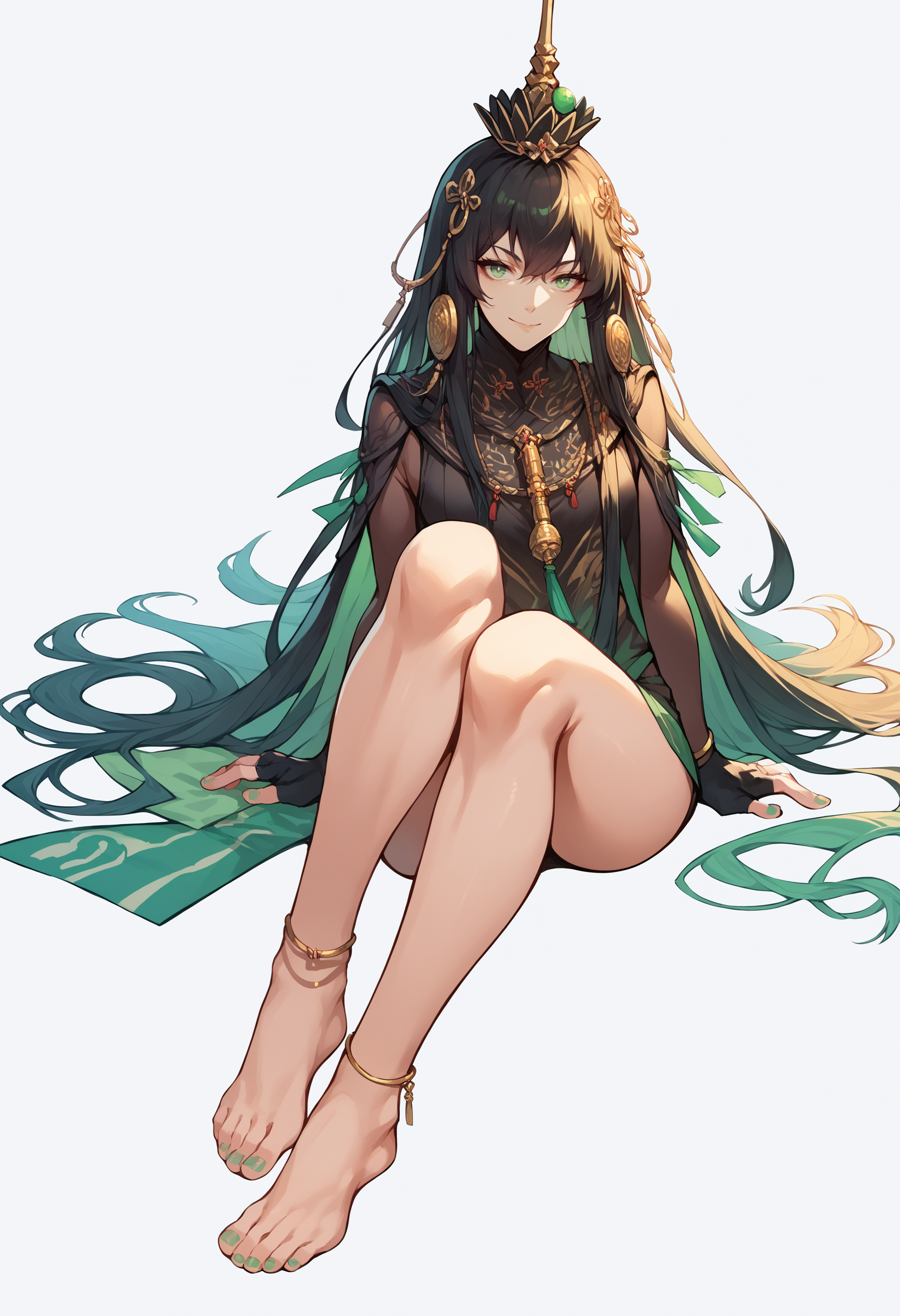 score_9, score_8_up, score_7_up, source_anime, <lora:wrenchqupgr:1>,wrnchqupgr, light smile, sitting, full body, white background, fingerless gloves, barefoot, anklet, green toenails,
