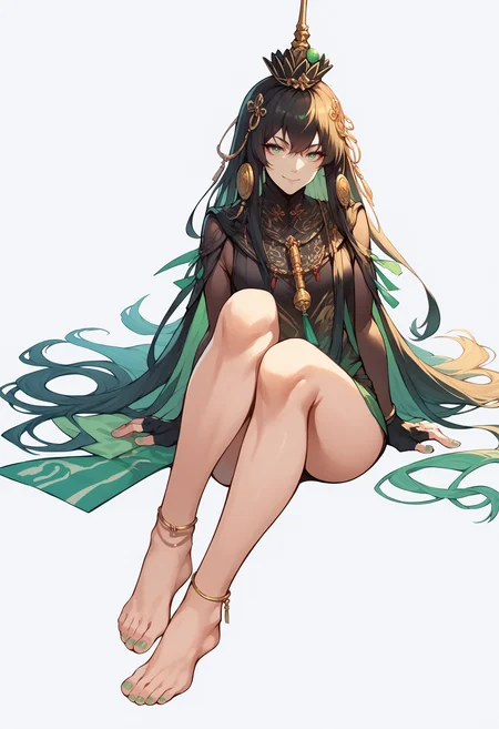 score_9, score_8_up, score_7_up, source_anime, <lora:wrenchqupgr:1>,wrnchqupgr, light smile, sitting, full body, white background, fingerless gloves, barefoot, anklet, green toenails,