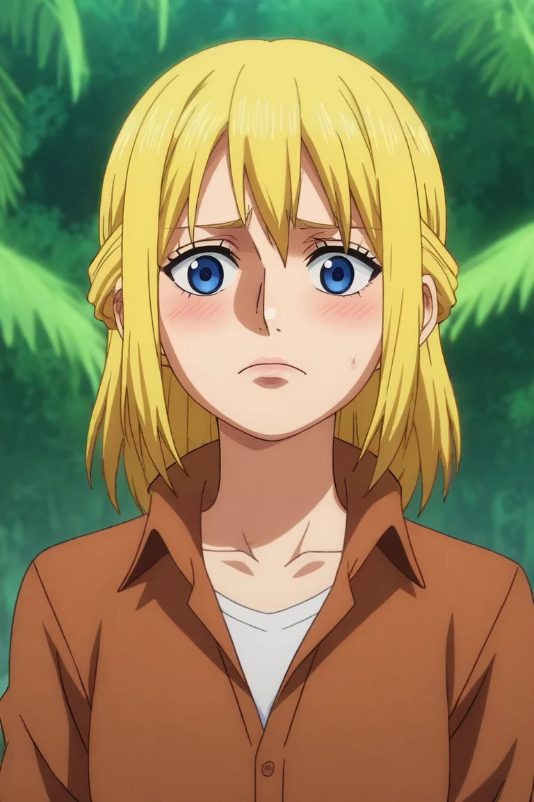 score_9, score_8_up, score_7_up, source_anime, rating_safe, , (realistic:0.6), , depth of field, 1girl, christa renz, shingeki no kyojin, blonde hair, blue eyes, solo, from below, jungle, dawn, arm support, nervous, <lora:one_piece_wano_style_pony:0.84>, one_piece_wano_style, anime screencap, anime coloring, <lora:sdxl_lightning_8step_lora:1>