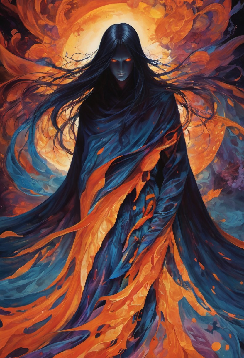 ,DB4RZ style painting,cinematic film still, An ethereal, dark figure stands in the center of the image, surrounded by an aura of glowing, vibrant colors. The figure has long, flowing black hair that seems to merge with the dark, shadowy cloak enveloping their body. Their eyes glow with a piercing red light, giving off an intense, almost mystical gaze. Behind them, a large, radiant halo of warm orange and yellow hues contrasts sharply with the deep blues and purples of the surrounding environment. The cloak and the lower part of the figure seem to dissolve into an abstract pattern of swirling colors, blending with the glowing, fiery orange and cool blue floral patterns that encircle the figure. The overall composition is highly stylized, blending elements of fantasy and mysticism, with a focus on contrast between light and darkness, creating a mesmerizing, otherworldly atmosphere, film grain, grainy, hyperrealism, <lora:add_detail:1> <lora:add-detail-xl:2> <lora:p0rtXLP1:0.6> <lora:d3t41l3dXLP:1> . professional, sleek, modern, minimalist, graphic, line art, vector graphics