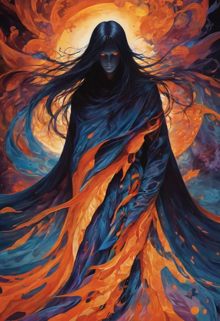 ,DB4RZ style painting,cinematic film still, An ethereal, dark figure stands in the center of the image, surrounded by an aura of glowing, vibrant colors. The figure has long, flowing black hair that seems to merge with the dark, shadowy cloak enveloping their body. Their eyes glow with a piercing red light, giving off an intense, almost mystical gaze. Behind them, a large, radiant halo of warm orange and yellow hues contrasts sharply with the deep blues and purples of the surrounding environment. The cloak and the lower part of the figure seem to dissolve into an abstract pattern of swirling colors, blending with the glowing, fiery orange and cool blue floral patterns that encircle the figure. The overall composition is highly stylized, blending elements of fantasy and mysticism, with a focus on contrast between light and darkness, creating a mesmerizing, otherworldly atmosphere, film grain, grainy, hyperrealism, <lora:add_detail:1> <lora:add-detail-xl:2> <lora:p0rtXLP1:0.6> <lora:d3t41l3dXLP:1> . professional, sleek, modern, minimalist, graphic, line art, vector graphics