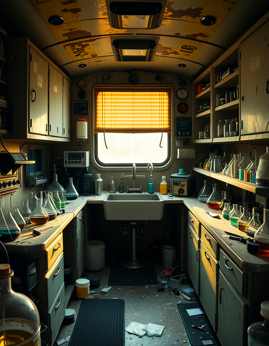 The interior of an old RV converted into a clandestine drug laboratory, inspired by the TV series Breaking Bad. The space is cramped and messy, filled with scientific equipment, glass beakers, flasks, burners, chemical containers, and lab tools scattered around. The walls are aged and stained, with peeling wallpaper and old metallic cabinets. A small sink area is cluttered with dirty lab glassware. The lighting is dim and tinted yellow, with sunlight barely filtering through dusty blinds. The floor is grimy, with a mix of rubber mats and worn carpet. The overall atmosphere is tense and gritty, capturing a sense of secrecy and danger. Hyper-realistic style, cinematic composition, rich in textures and shadows.
<lora:SDXLFaeTastic2400:0.4> <lora:extremely_detailed:0.4> extremely detailed,<lora:old_RV_drug_l4b0r4t0ry:1>,old RV drug l4b0r4t0ry, Masterpiece,best quality,hi res,8k,hi res,8k,award winning,(sharp focus, intricate, highly detailed),