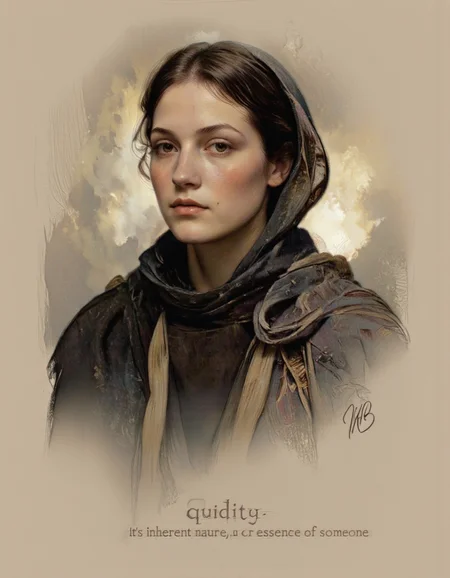 Art by Thomas Haller Buchanan. A realistic portrait of a woman, captured from a portrait camera angle, with a soft, ethereal quality. the woman, positioned in the middle of the frame, has a neutral expression and is looking directly at the viewer with her brown eyes. her hair is styled in a messy bun, and she is wearing a dark, hooded cloak that is draped over her shoulders. the background is a muted beige color, and the lighting is soft and diffused, creating a serene atmosphere. the image also features a signature at the bottom that reads "quiddity, the inherent nature or essence of someone."