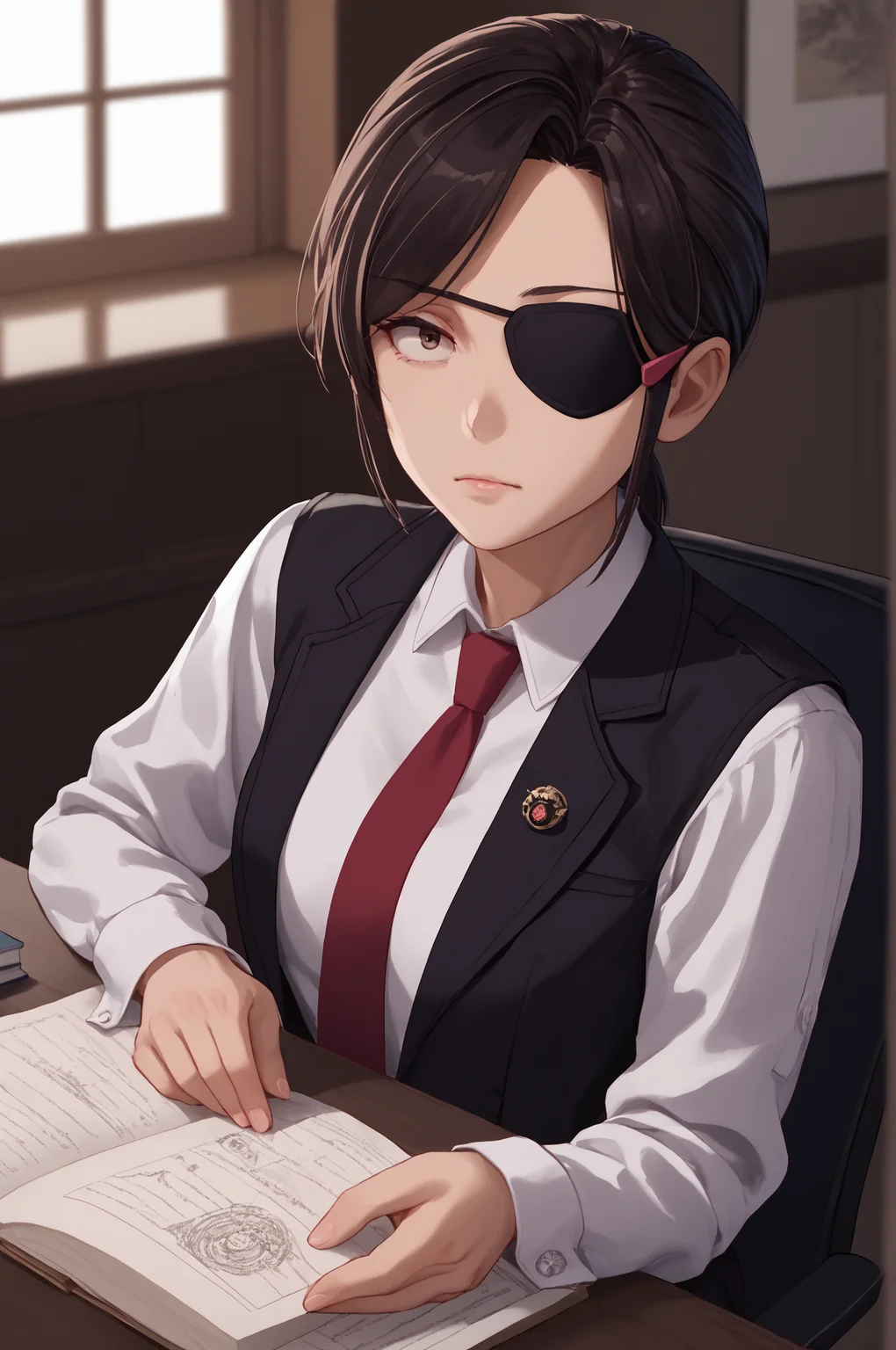 score_9, score_8_up, score_7_up, score_6_up, score_5_up, score_4_up, (high quality, detailed, beautiful) <lora:Manager_epoch_8:0.99> yasuko_yaegashi, hair_ornament, necktie, std_outfit, eyepatch,