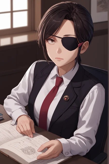 score_9, score_8_up, score_7_up, score_6_up, score_5_up, score_4_up, (high quality, detailed, beautiful)  <lora:Manager_epoch_8:0.99> yasuko_yaegashi, hair_ornament, necktie, std_outfit, eyepatch,