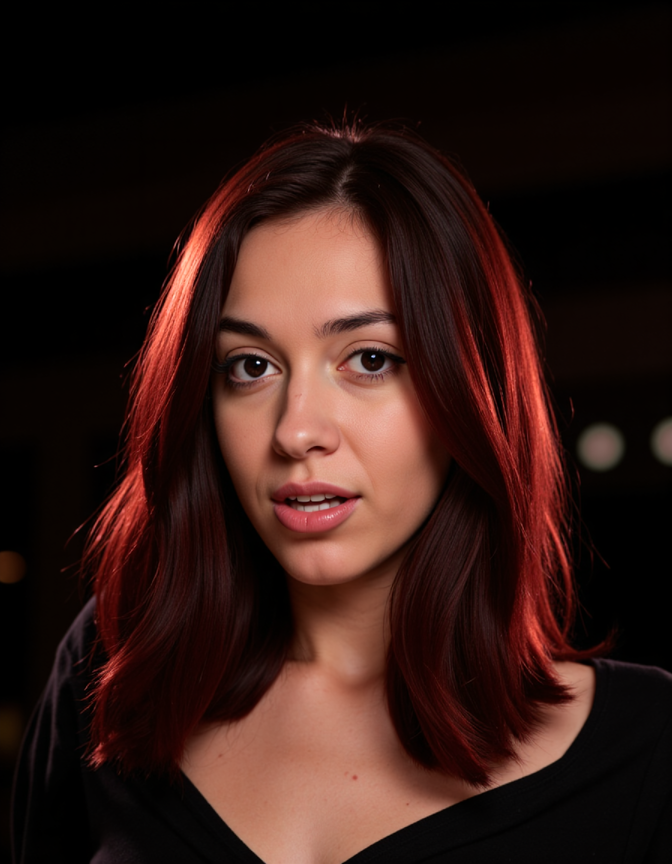 A beautifully lit portrait of a woman with dark red hair, her hair glowing strongly against a dark background. The lighting creates a striking contrast between the bright hair and the dark background, achieving a strong visual impact. The bokeh in the background adds a subtle aesthetic touch, enhancing the overall beauty and modern charm of the subject.