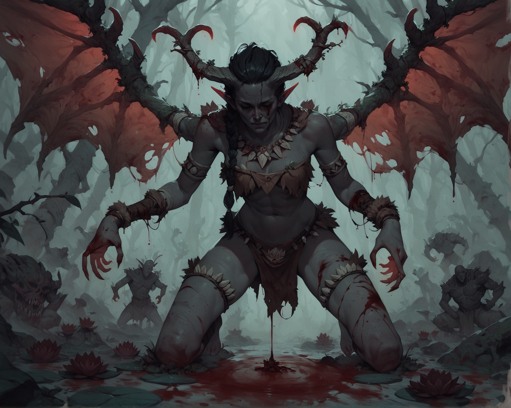score_9, score_8_up, score_7_up, score_6_up, blood fairy, glowing lotus, black skin, tiny, covered in blood, gore, horns, tribal, long braid, bones, wings, red theme, lotus, black forest,  <lora:Concept Art Twilight Style SDXL_LoRA_Pony Diffusion V6 XL:0.8>
