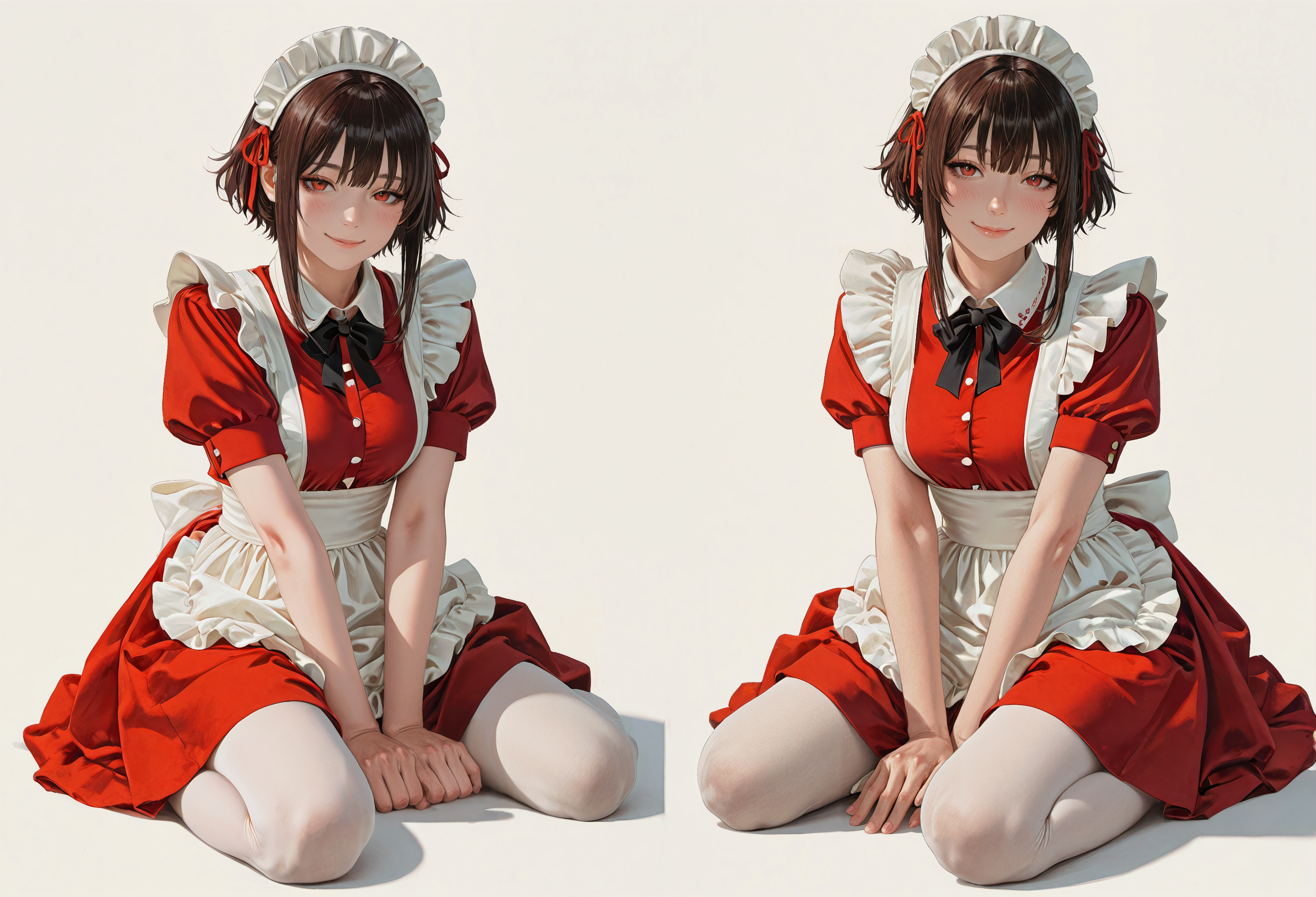 photorealistic, realistic,masterpiece, best quality,very aesthetic,absurdres,1girl, solo, looking_at_viewer, blush, smile, simple_background, white_background, brown_hair, black_hair, dress, red_eyes, closed_mouth, bow, sitting, short_sleeves, pantyhose, alternate_costume, puffy_sleeves, apron, puffy_short_sleeves, maid, maid_headdress, red_dress, wariza, white_pantyhose, maid_apron, hand_on_own_face, short_hair_with_long_locks, between_legs, enmaided, hand_between_legs,,
,