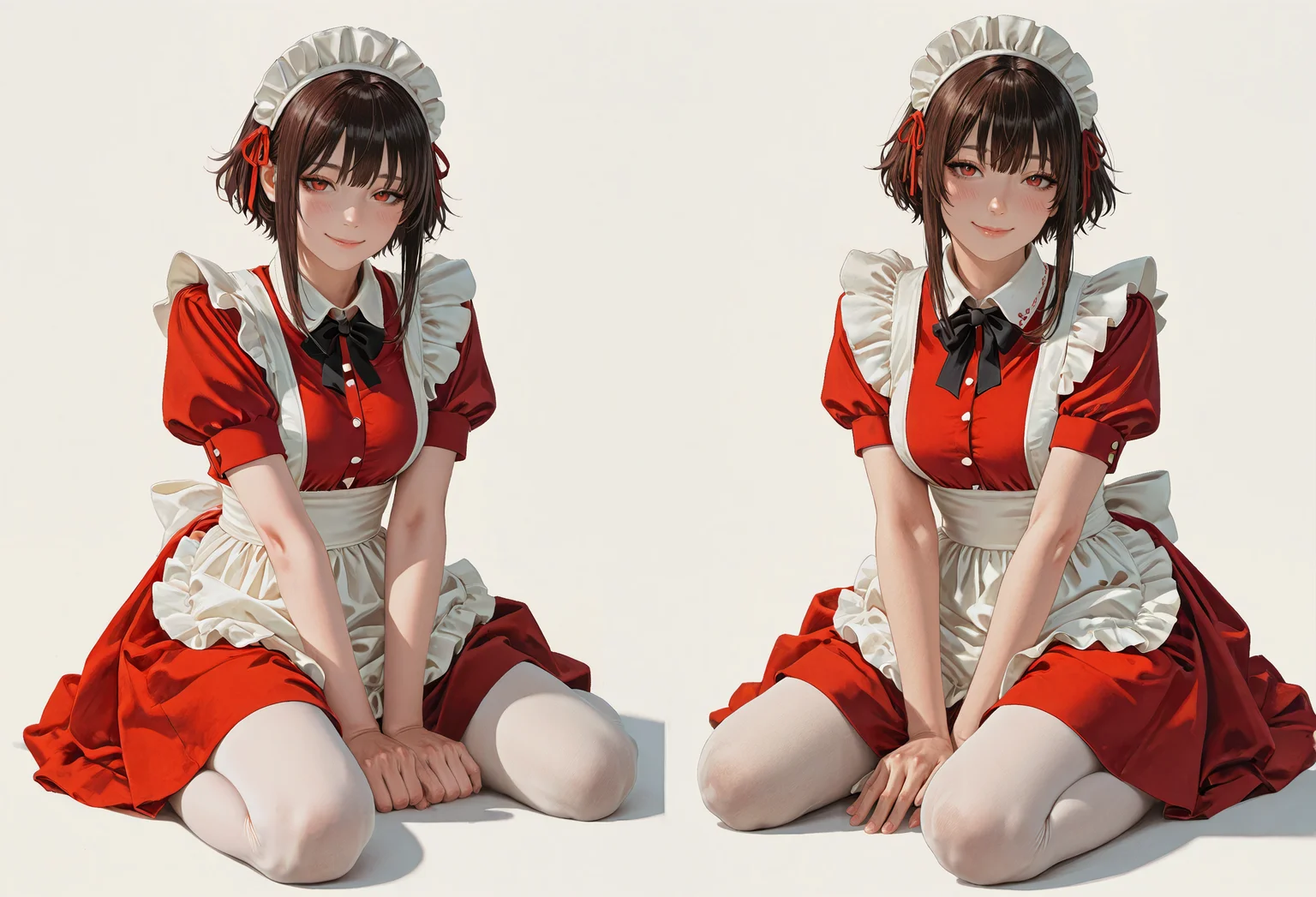photorealistic, realistic,masterpiece, best quality,very aesthetic,absurdres,1girl, solo, looking_at_viewer, blush, smile, simple_background, white_background, brown_hair, black_hair, dress, red_eyes, closed_mouth, bow, sitting, short_sleeves, pantyhose, alternate_costume, puffy_sleeves, apron, puffy_short_sleeves, maid, maid_headdress, red_dress, wariza, white_pantyhose, maid_apron, hand_on_own_face, short_hair_with_long_locks, between_legs, enmaided, hand_between_legs,,
,