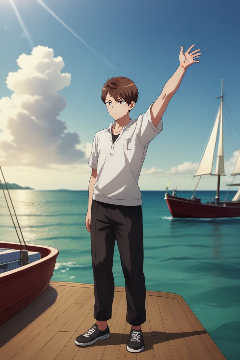 score_9, score_8_up, score_7_up, , rating_safe, intricate details, anime screencap, , official style, , depth of field, 1boy, solo, male focus, <lora:ryuuya_romantic_killer_pony:0.86>, ryuuya_romantic_killer, brown hair, brown eyes, short hair, full body, boat, ship, day, clouds, stretching, :D, , <lora:sdxl_lightning_8step_lora:1>