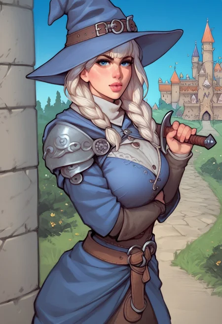 young woman, solo, Looking at viewer, Masterpiece a stunning female witch, ((full clothed witch outfit with armor, witch hat)), Blue eyes, long bob white hair with bangs, Dynamic action pose,
(Holding a huge sword:1.5)
Background: (Medieval castle, night sky: 1.9)
score_9, score_8_up, score_7_up, score_6_up, source_cartoon, rating_explicit, Expressiveh, (((((upper body))))), dynamic pose, side view
<lora:Dynamic Poses:1>
<lora:detailed_notrigger:1>
(((full clothed)))
score_9, score_8_up, score_7_up, score_6_up, source_cartoon, rating_explicit, Expressiveh, (((((upper body, action pose))))), dynamic pose