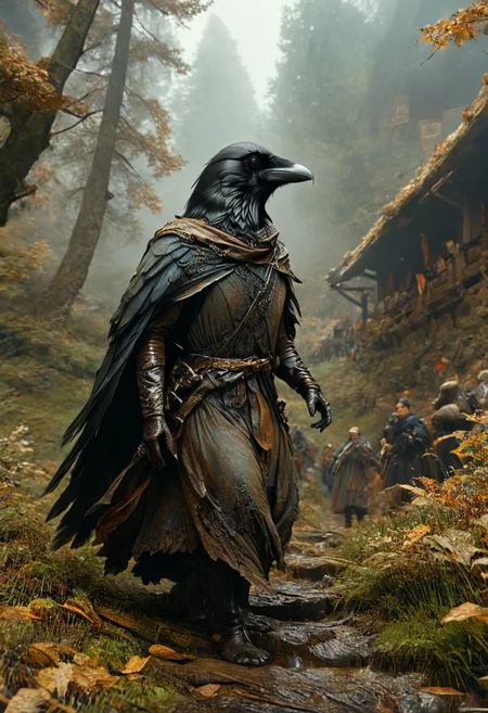 (masterpiece,best quality,ultra_detailed,highres,absurdres:1.2), DnD_Grainyboyz, rotated camera angle style,
BREAK
highly detailed photo of black corvidfolk running through forest, (dynamic pose:1.2), (fast running:1.3), motion blur, wearing brown robe, ((from side, dutch angle:1.25))
BREAK
moody forest,
detailed background, (ancient dence forest:1.2), rocks, fog, (dramatic light:1.25)
<lora:neg4all_bdsqlsz_xl_V9:2><lora:dynposes3870:1>