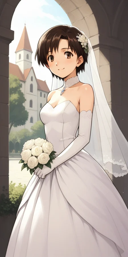score_9, score_8_up, score_7_up,
1girl, solo, chapel, terrace, outdoor, summer, sunshine,
, source_anime,
<lora:ibukimaya_01XLP:1>, ibukimaya, very short hair, brown hair, brown eyes,
blush, light smile,
wedding dress, elbow gloves