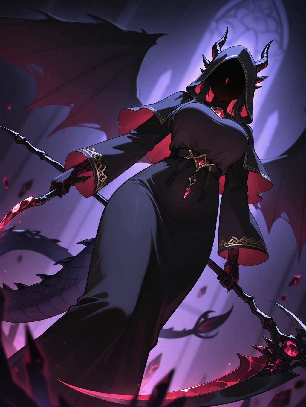 scythe, Dragon girl, 1girl, dynamic angle, black wings, crystal dragon girl, black robe, dragon tail, holding sickle, energy kama \(weapon\), dark theme, onyx crystals, Depth of field,  4k wallpaper, deep shadows, grim reaper, [(Chiaroscuro background:1.2)::0.2], (dark aura background:1.2), 
,masterpiece,best quality,newest,